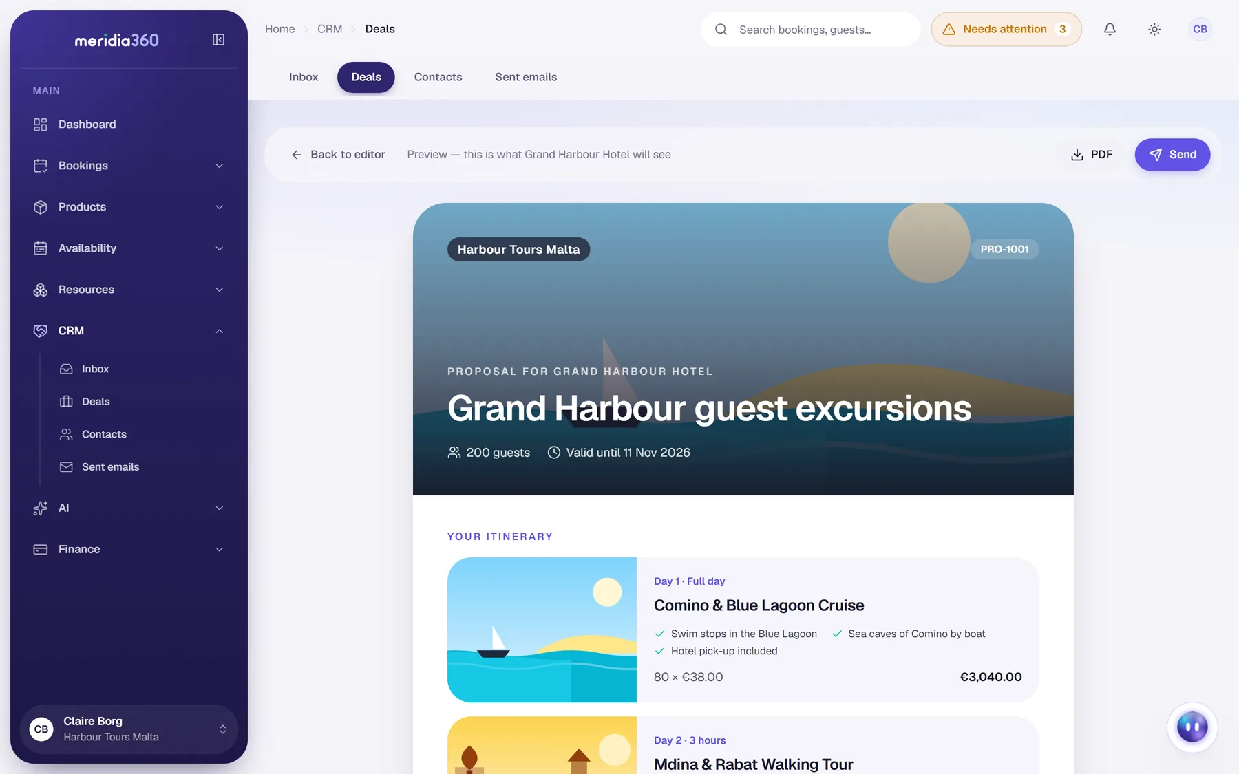 Proposal preview for Grand Harbour Hotel: a branded cover for 200 guests with a validity date, and a day-by-day itinerary starting with the Comino and Blue Lagoon Cruise, priced per guest.