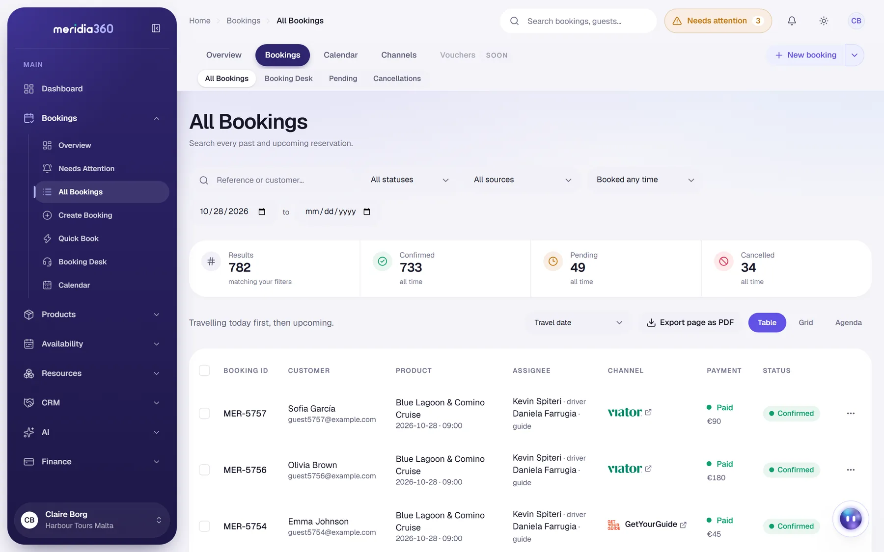 All bookings table with booking ID, customer, product, assigned driver and guide, channel such as GetYourGuide or Viator, payment and status.