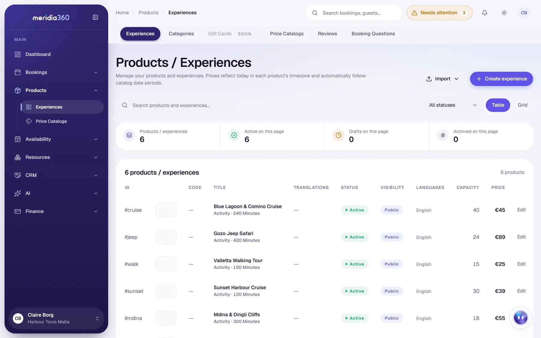Products list with each experience's duration, status, visibility, language, capacity and price.